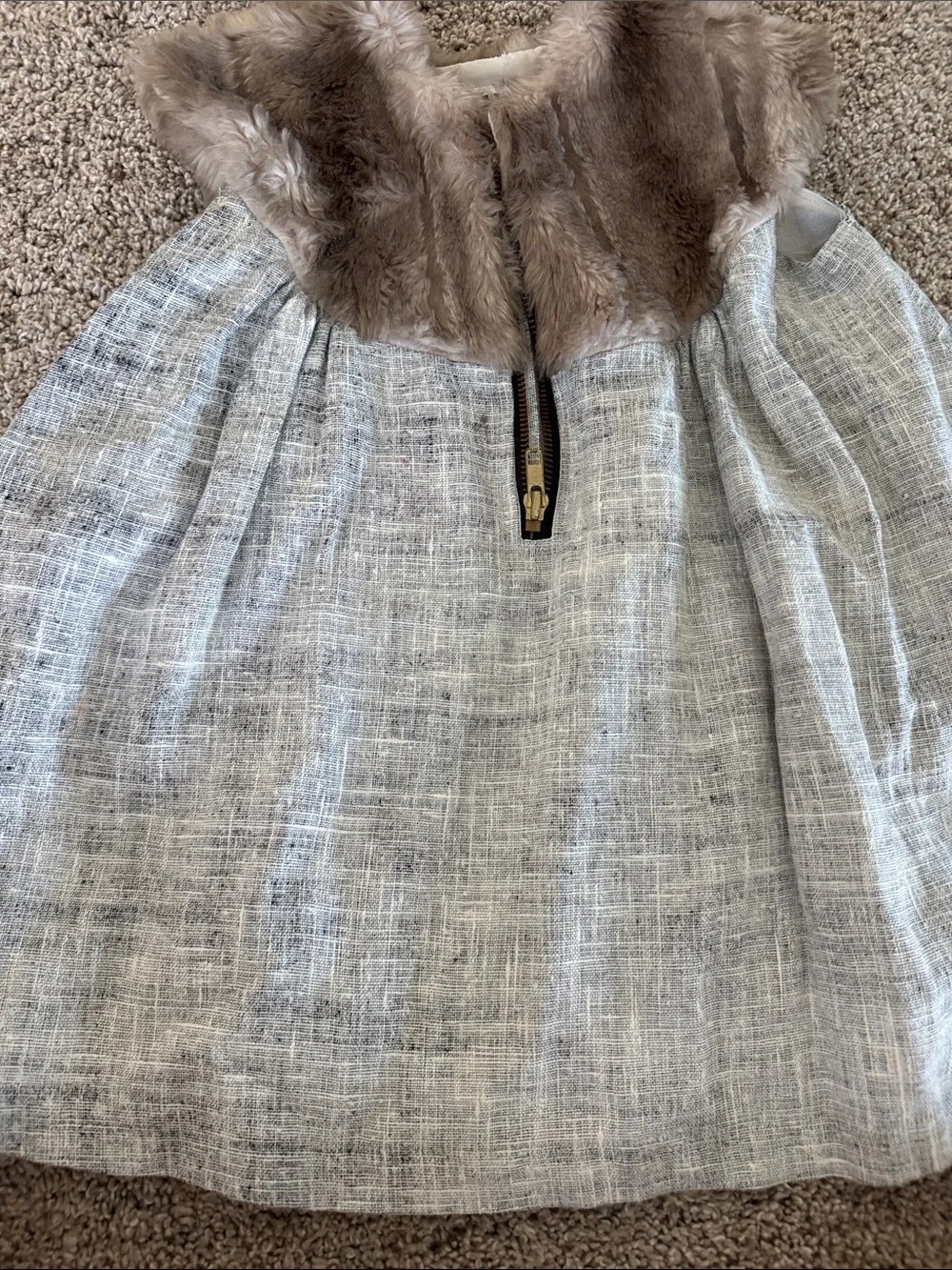 Girls Gray Tweed Dress with Faux Fur Collar